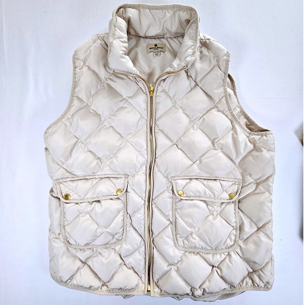 Woolrich Womens XXL Cream Diamond Quilted Duck Down Puffer Full Zip Gold Trim